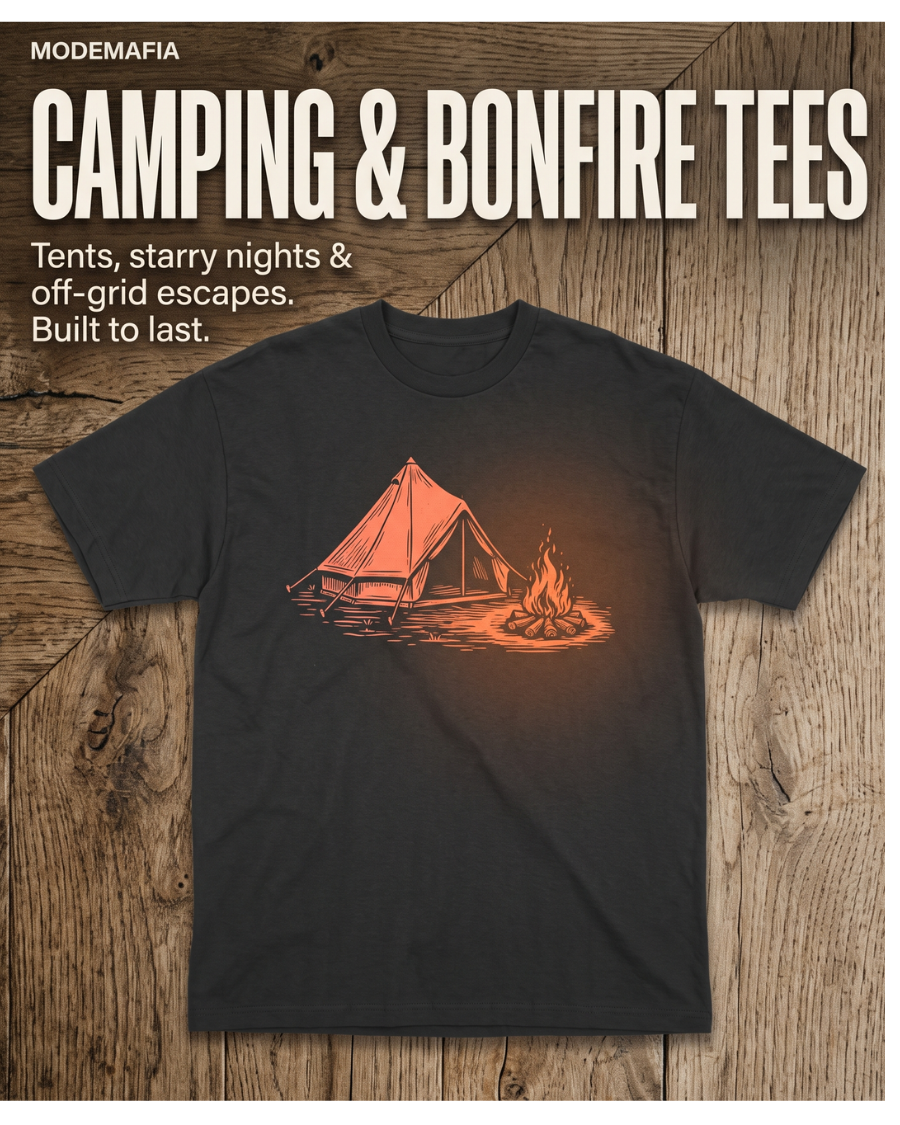 Mode Mafia Camping and Bonfire Tees collection featuring a dark grey oversized graphic t-shirt flat lay with tent and campfire print