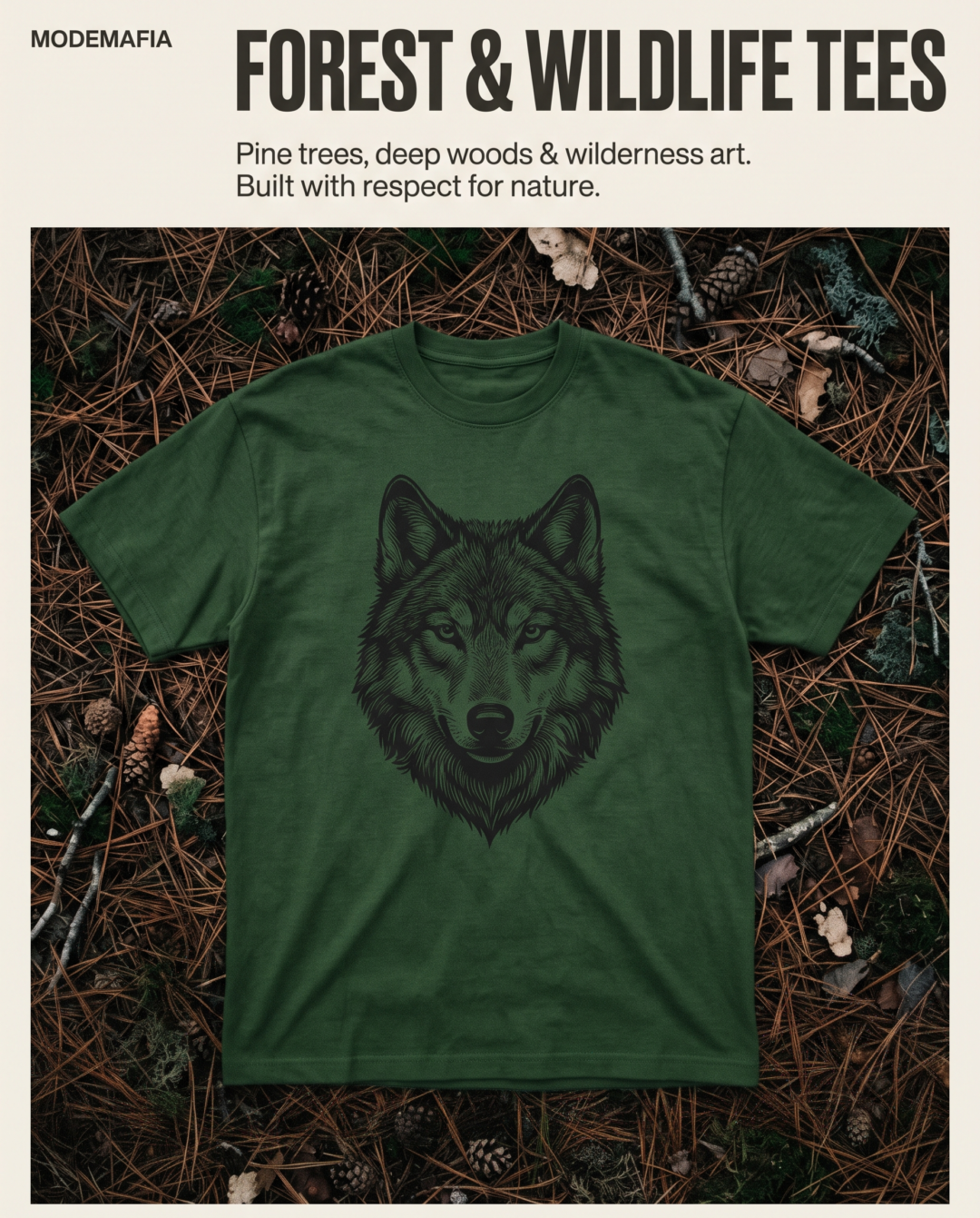 Mode Mafia Forest and Wildlife Tees collection featuring a dark green oversized graphic t-shirt flat lay with pine tree woodcut print